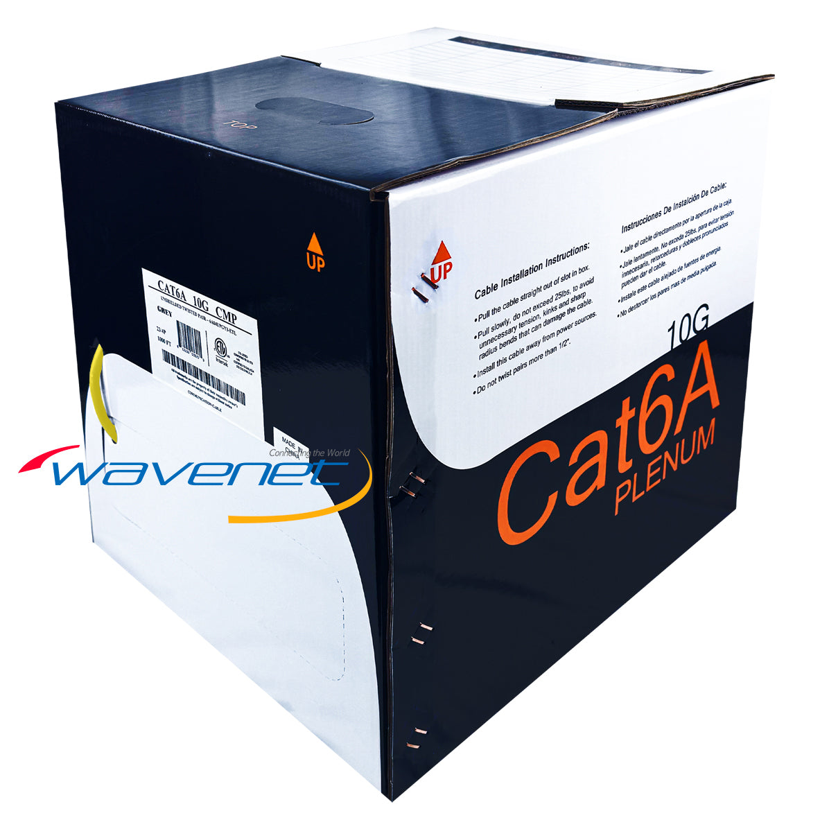 Wavenet Cat6A UTP 10G Plenum CMP cable 1000ft spool in yellow with product packaging box Main image