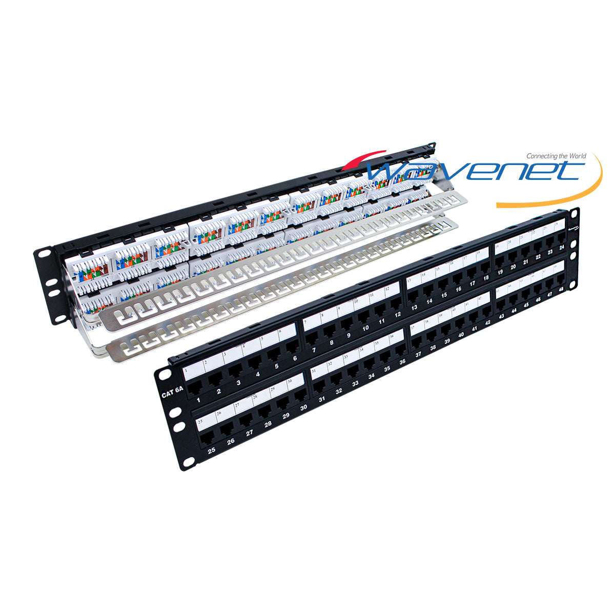 Wavenet Cat6A 48-port patch panel with numbered ports 1-48, color-coded wiring terminals, and management cable tray in 2U ra…