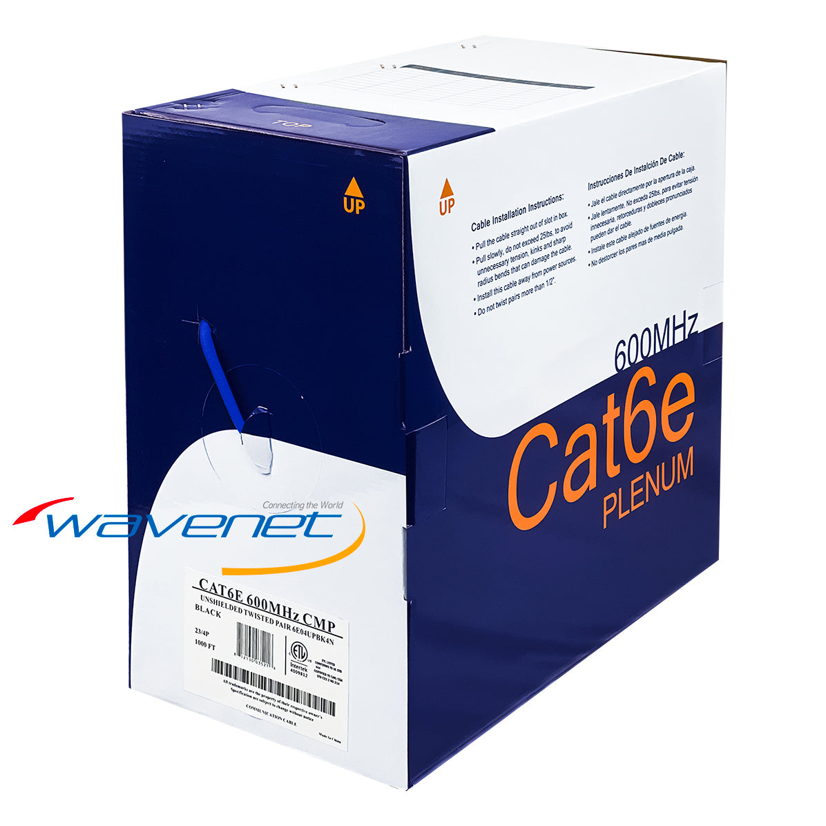Wavenet Cat6e 600MHz plenum rated CMP cable 1000ft box in blue with product labeling and installation instructions Main image