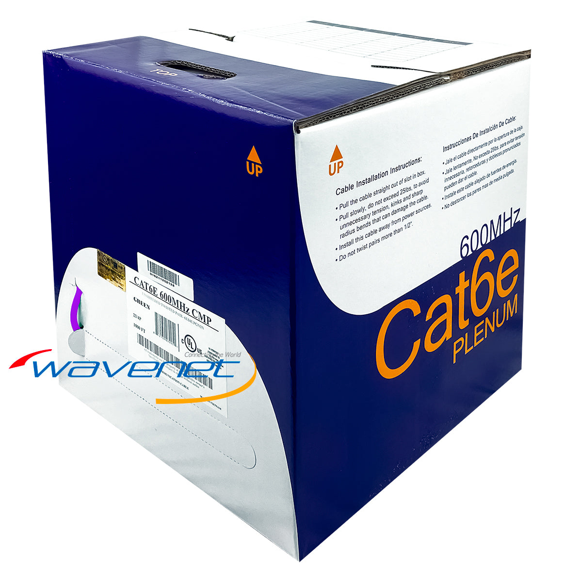 Wavenet Cat6e 600MHz Plenum CMP cable 1000ft box in purple with installation instructions and product labeling