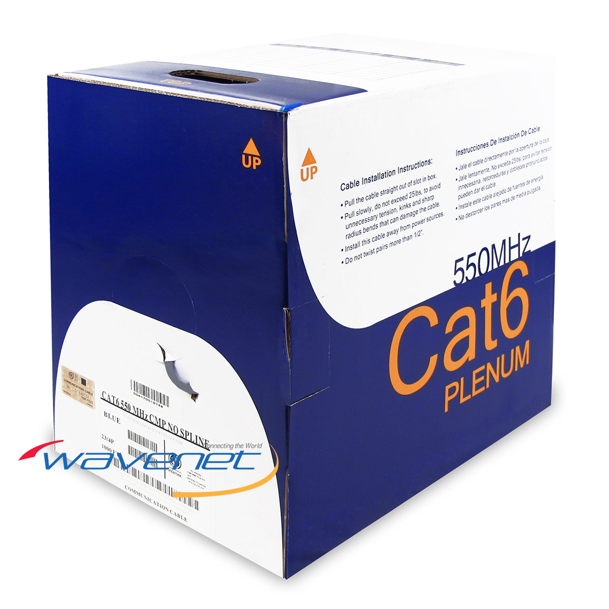 Wavenet Cat6 550MHz UTP Plenum cable box with blue packaging, showing cable spool and installation instructions