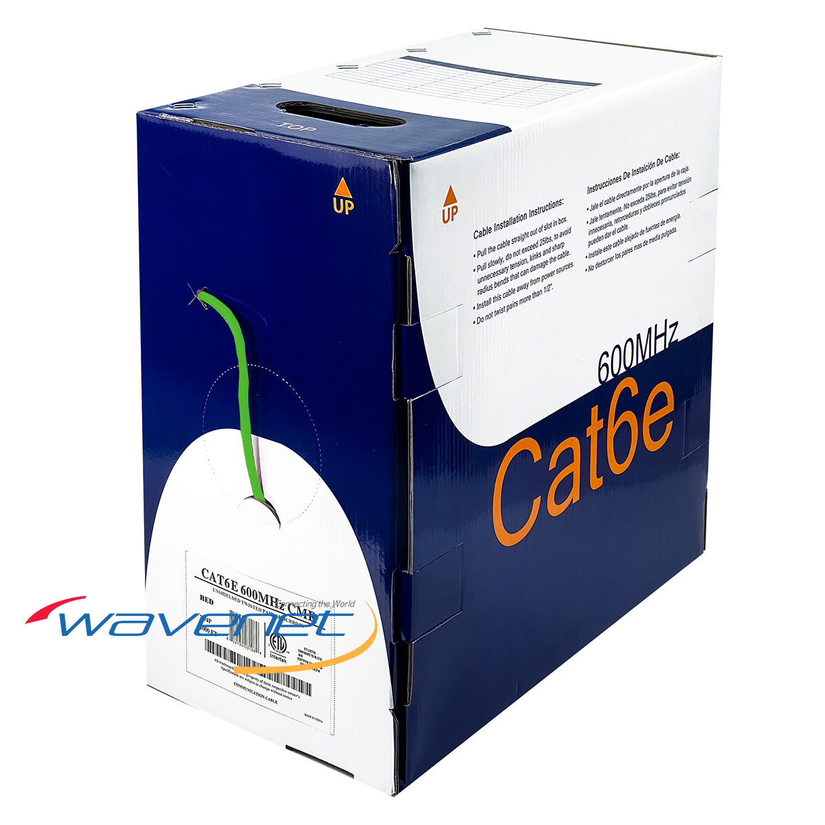 Wavenet Cat6 600MHz UTP Riser CMR cable 1000ft spool in green with blue and white packaging box