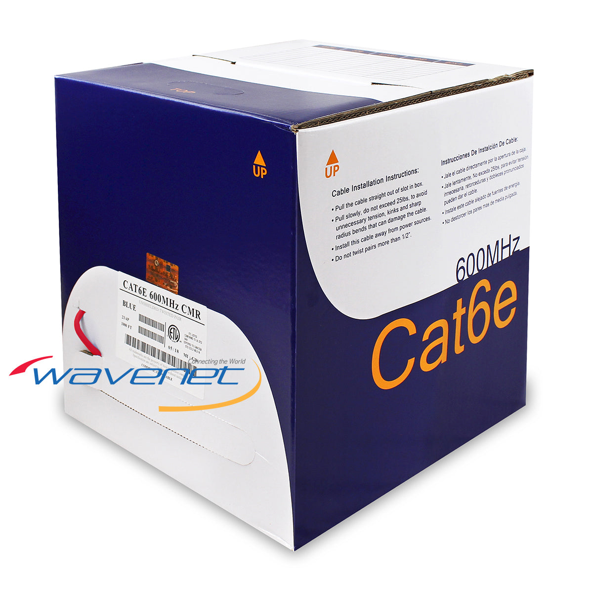 Wavenet Cat6e 600MHz CMR rated network cable 1000ft box in blue with installation instructions Main image