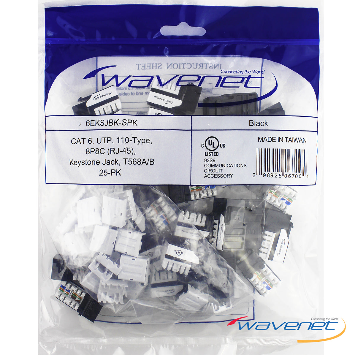 Wavenet Cat6 90-degree keystone jacks in black, 25-pack, with Keystone connectors for network cabling installation Main image