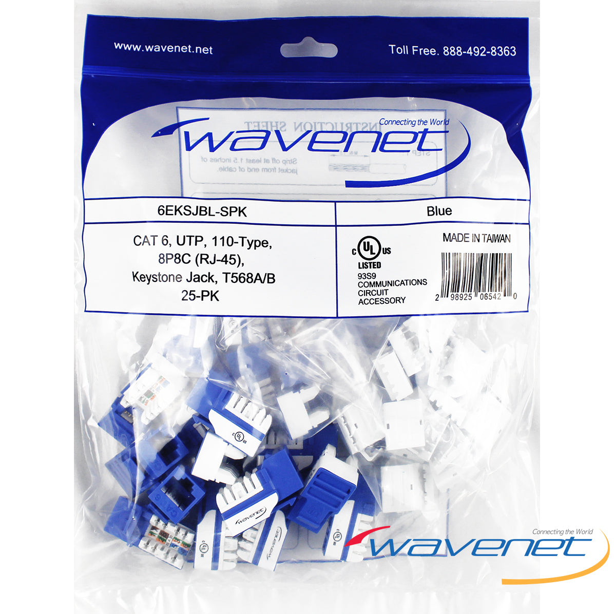 Wavenet 25-pack blue Cat6 keystone jacks with 90-degree connectors in packaging, RJ-45 UTP structured cabling accessories