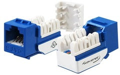Wavenet Cat 6 Keystone Jack in blue and white, showing male and female RJ45 connectors for network cabling