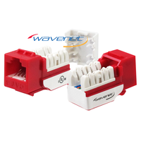 Three Wavenet Cat 6 Keystone Jacks in red and white, showing internal wiring configuration and RJ45 connectors for network c…