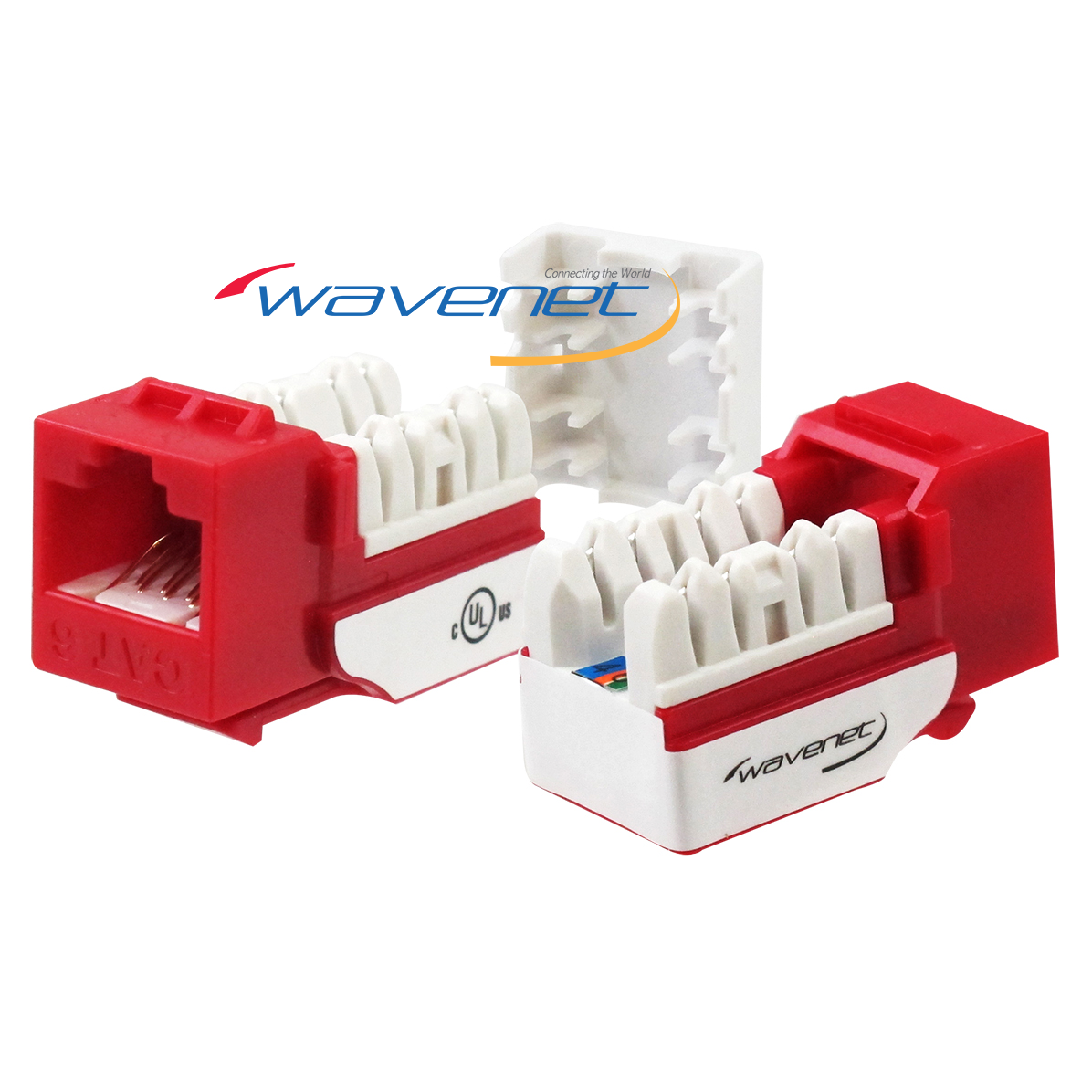 Three Wavenet Cat 6 Keystone Jacks in red and white, showing internal wiring configuration and RJ45 connectors for network c…