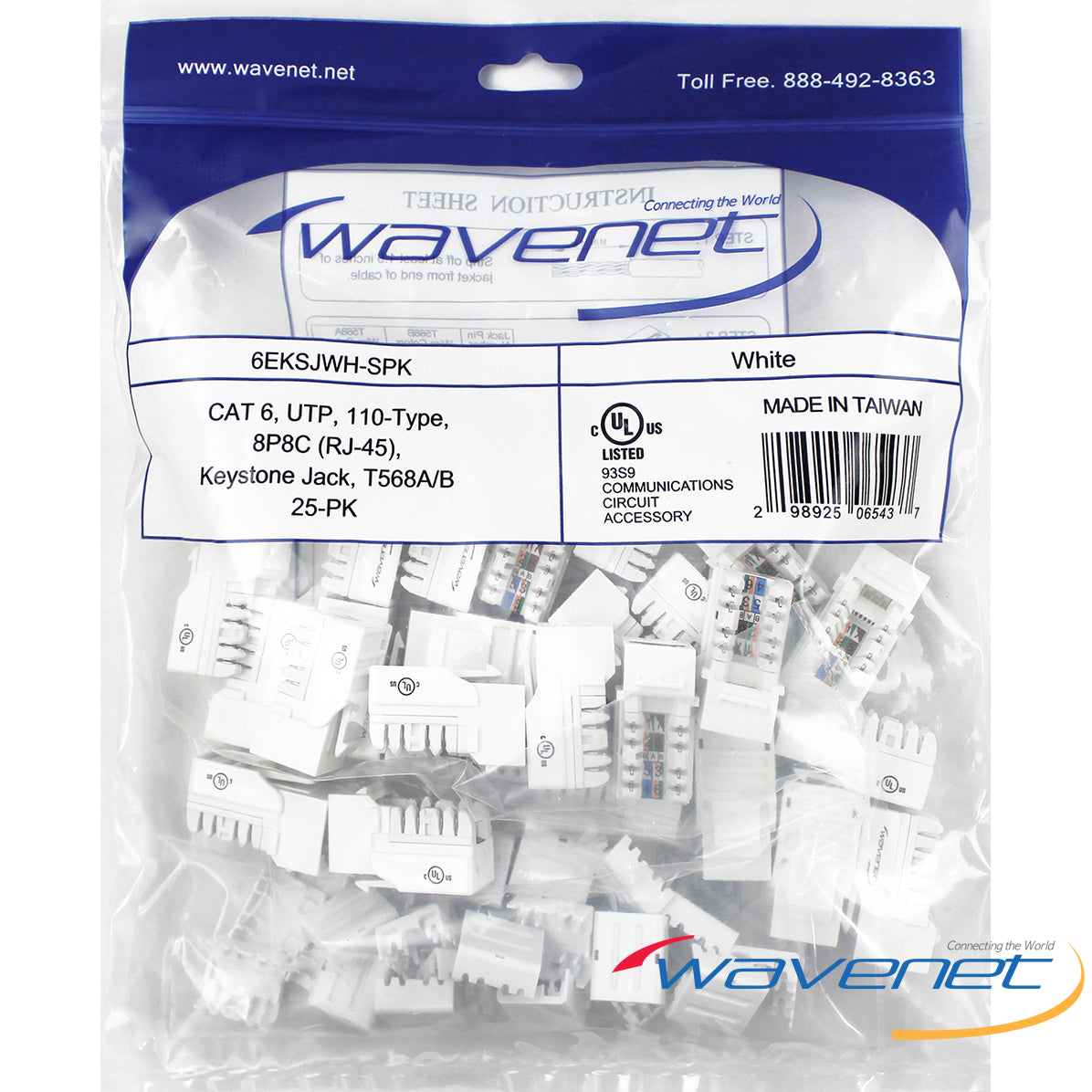 Wavenet Cat6 SDJ Series 90-Degree Keystone Jack - 25 Pack - White