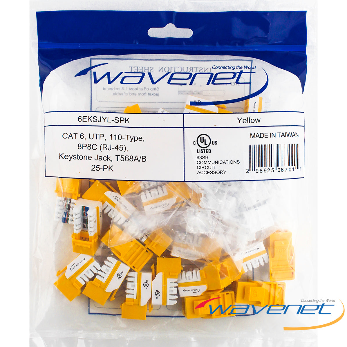 25-pack of yellow Cat6 90-degree Keystone Jacks with orange housings and white connector clips for network cabling installat… Main image