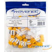 25-pack of yellow Cat6 90-degree Keystone Jacks with orange housings and white connector clips for network cabling installat…