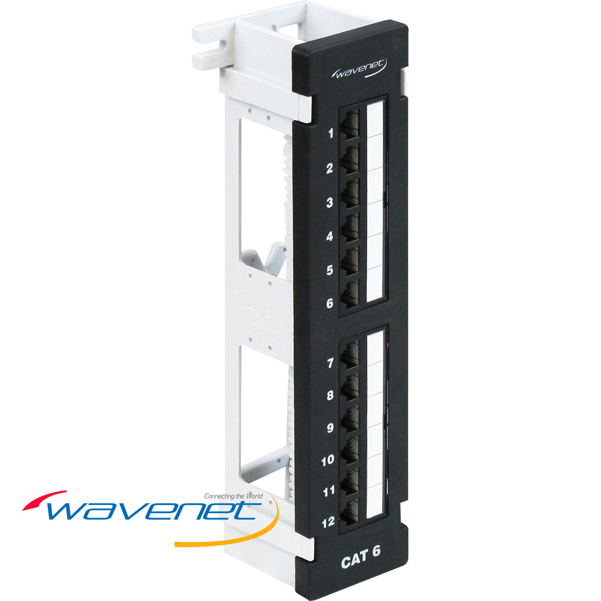 Black 12-port Category 6 wall mount patch panel with numbered port slots 1-12 and white mounting bracket