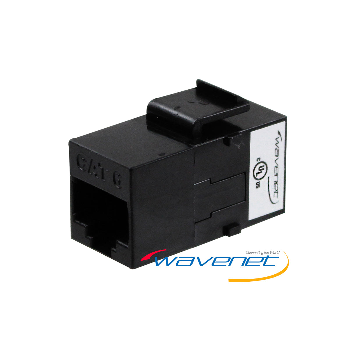 Wavenet Cat6 Keystone Style RJ-45 Feed-Through Coupler in black with white label, featuring connection ports for network cab… Main image