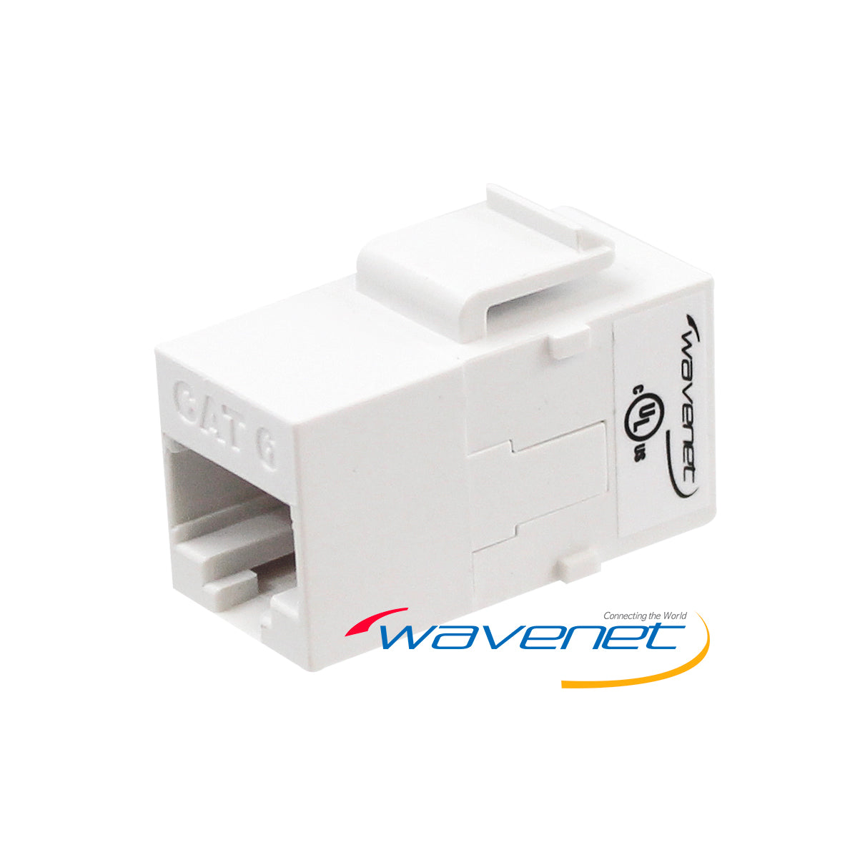 White Cat6 keystone RJ-45 feed-through coupler with Wavenet branding and shielded connector port Main image