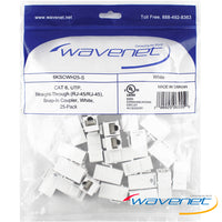 Wavenet CAT6 keystone coupler 25-pack white connectors with RJ-45 straight-through snap-in design for network cabling