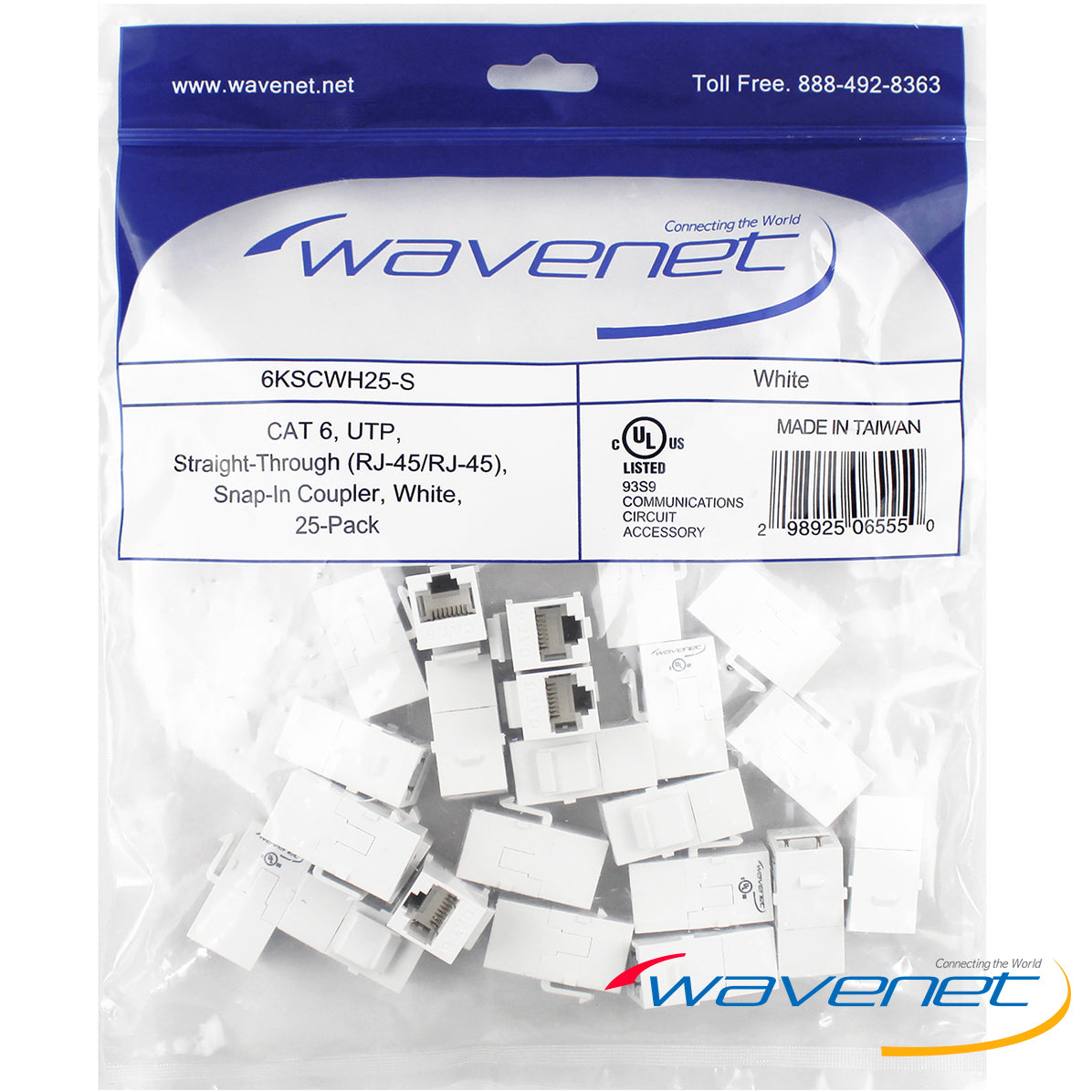Wavenet CAT6 keystone coupler 25-pack white connectors with RJ-45 straight-through snap-in design for network cabling