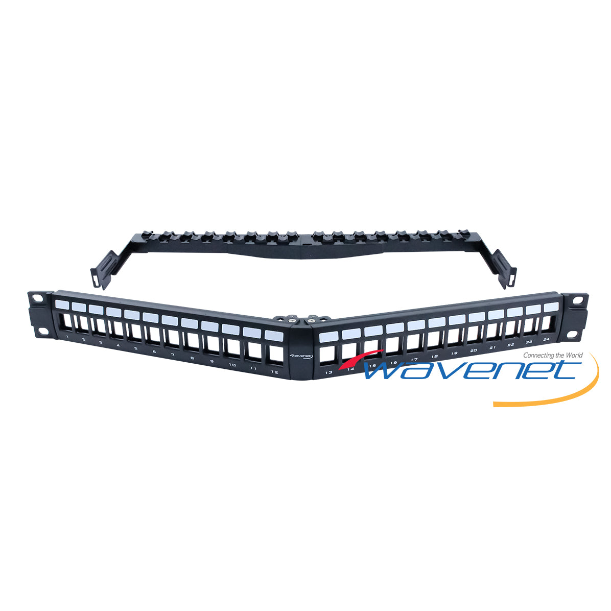 Wavenet 1U angled blank patch panel with 24 ports, numbered slots, and management bar for network rack installation Main image
