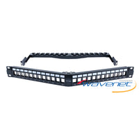 Wavenet 1U angled blank patch panel with 24 ports, numbered slots, and management bar for network rack installation
