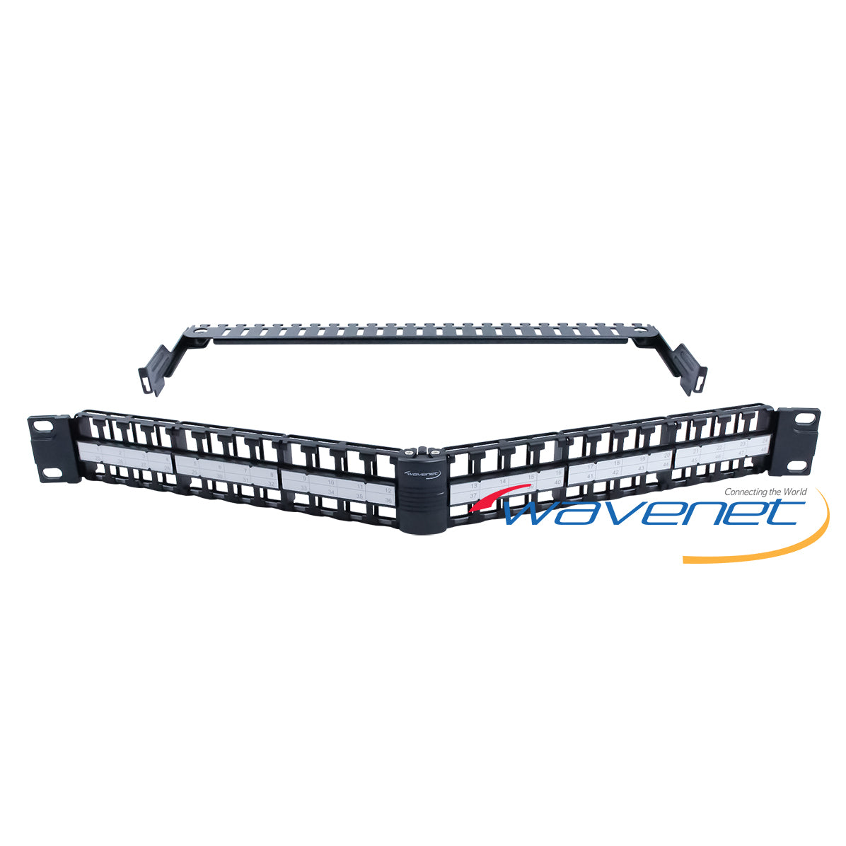 Wavenet 1U high-density 48-port angled blank patch panel with black and gray housing and cable management rail