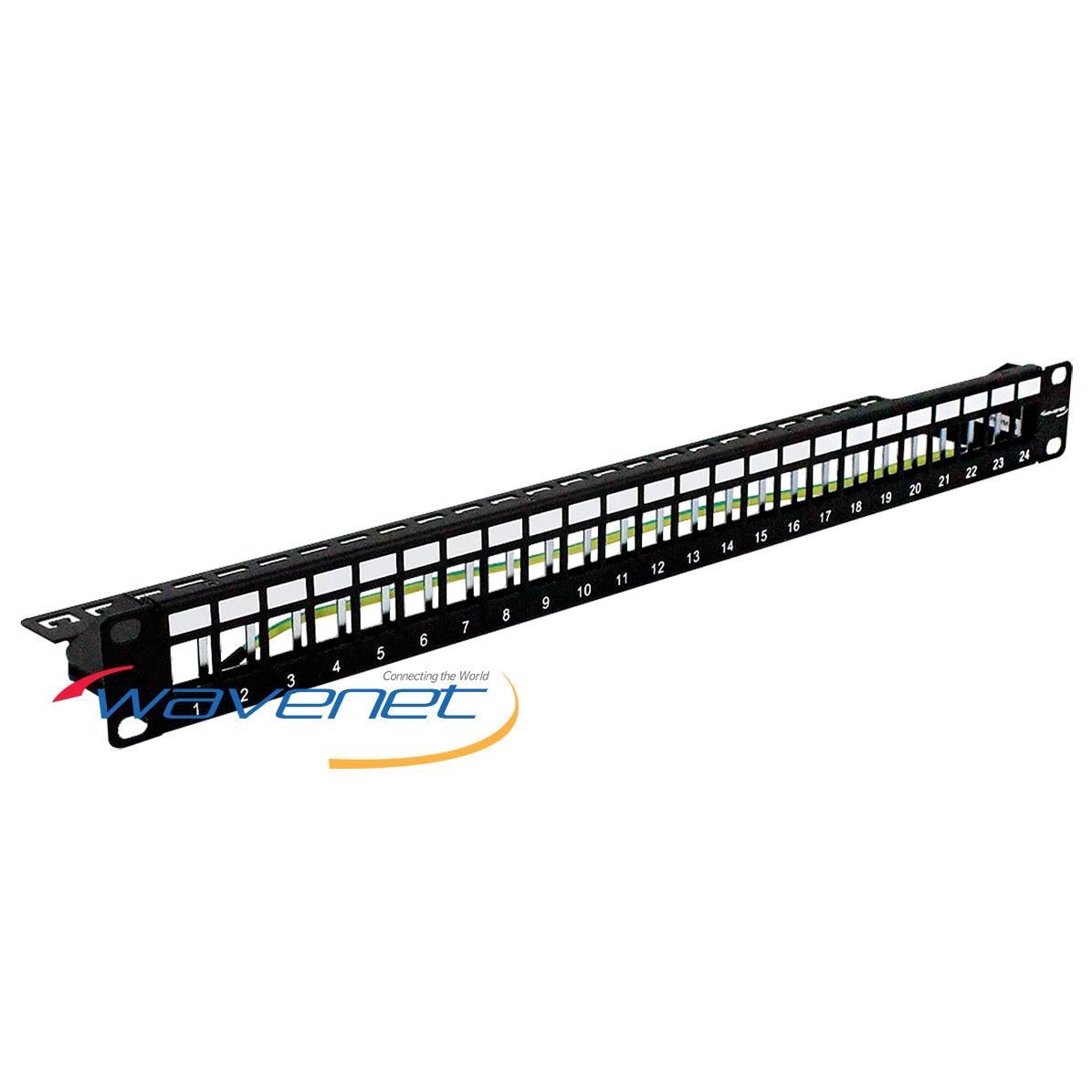 Wavenet 24-port blank patch panel, 1U rackmount with numbered port labels and color-coded blank inserts