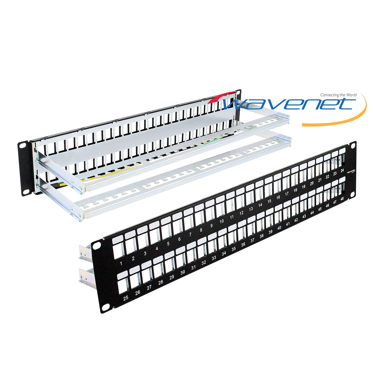 Wavenet 48-port F/UTP blank patch panel 2U with numbered port labels and cable management trays