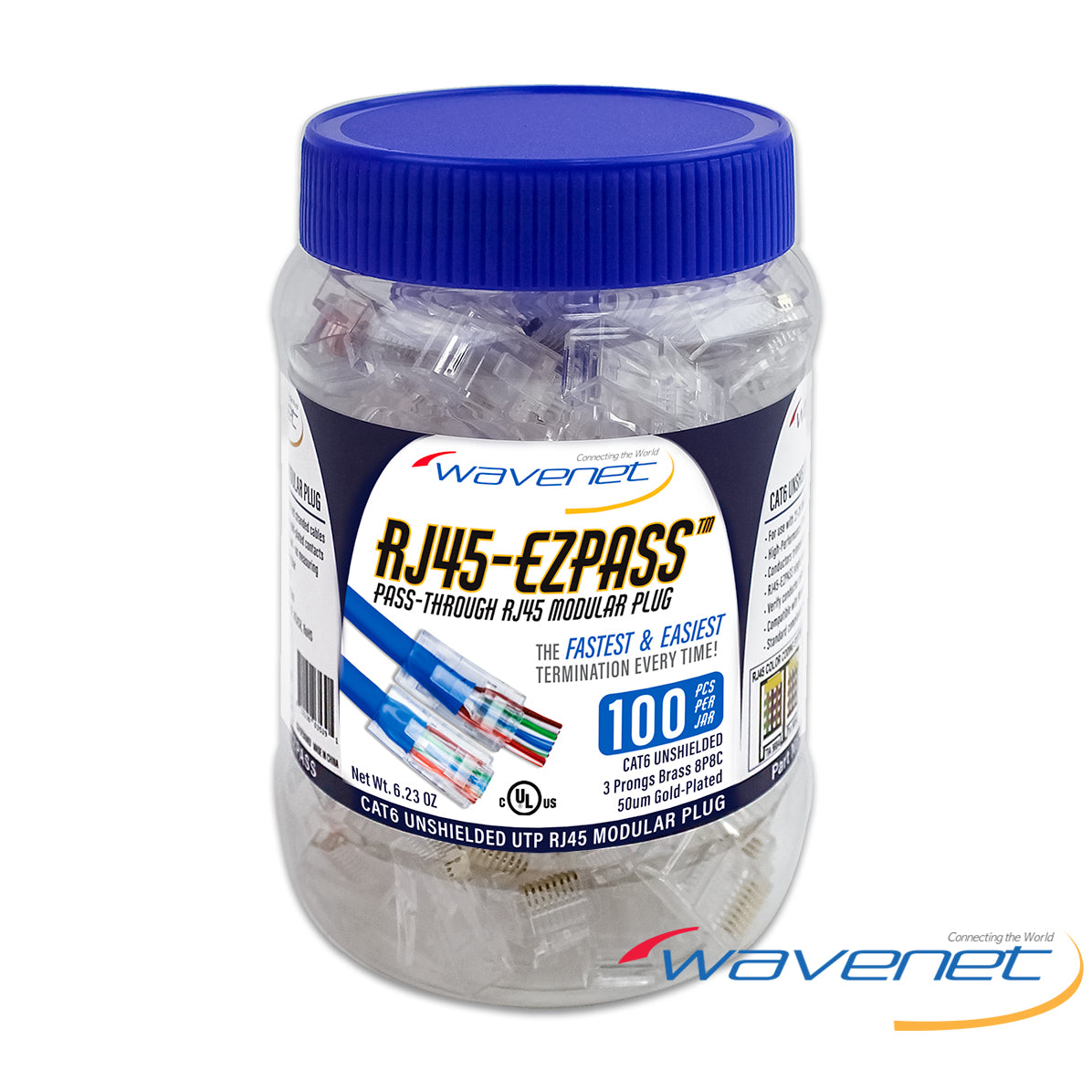 Wavenet RJ45-EZPASS Cat6 unshielded modular plugs, 100-piece jar with blue cap containing pass-through connectors