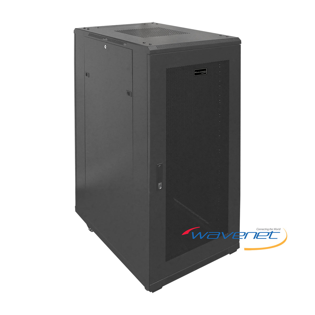 Black 27U floor-mounted server rack cabinet with 40-inch depth, mesh ventilation panel, and locking front door for data cent…