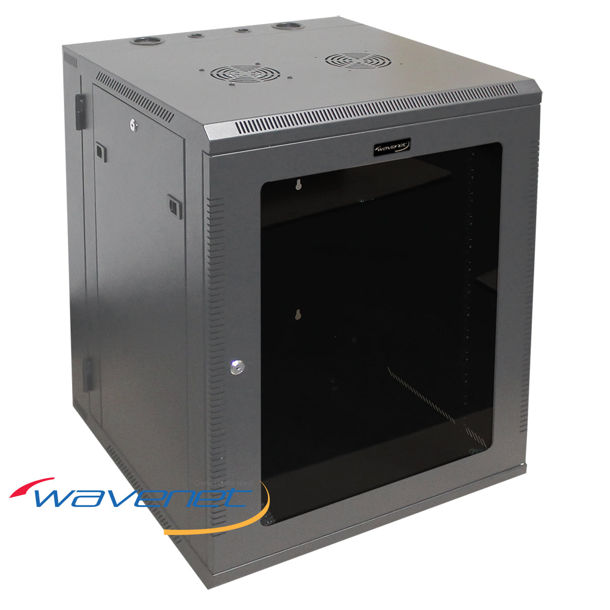 Gray 15U wall mount server rack cabinet with open glass door, ventilation fans on top, and swing-out design for networking h… Main image