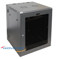 Gray 15U wall mount server rack cabinet with open glass door, ventilation fans on top, and swing-out design for networking h…