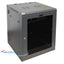 Gray 15U wall mount server rack cabinet with open glass door, ventilation fans on top, and swing-out design for networking h…