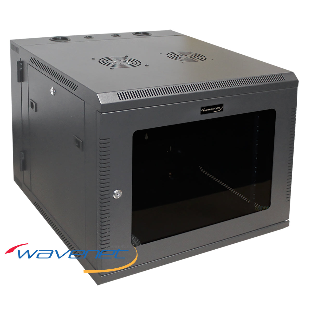 Wavenet 9U double section wall mount cabinet with tempered glass door, featuring cooling fans and black steel construction Main image