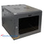 Wavenet 9U double section wall mount cabinet with tempered glass door, featuring cooling fans and black steel construction