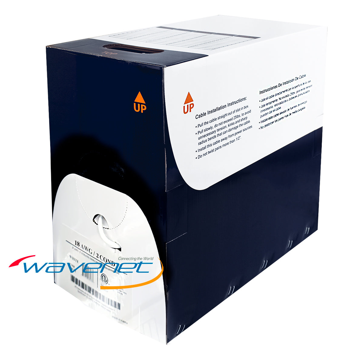 Wavenet 18/2 stranded shielded CMR cable in white, displayed in navy and white retail box with installation instructions