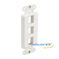 White 3-port Decora style wall plate insert with mounting brackets for structured cabling installations