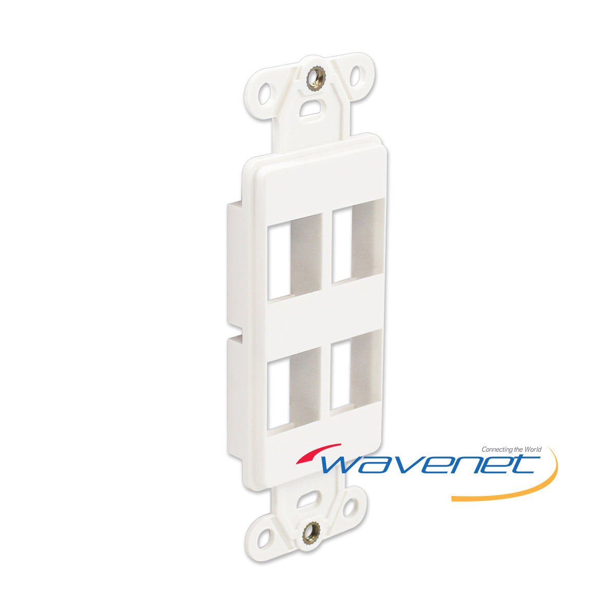 White 4-port Decora style wall plate insert with mounting brackets for structured cabling installation Main image