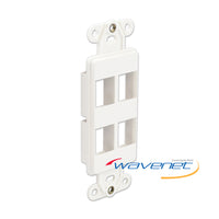 White 4-port Decora style wall plate insert with mounting brackets for structured cabling installation