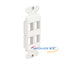 White 4-port Decora style wall plate insert with mounting brackets for structured cabling installation