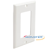 White Wavenet single-gang Decora style faceplate with rounded rectangular cutout and mounting holes