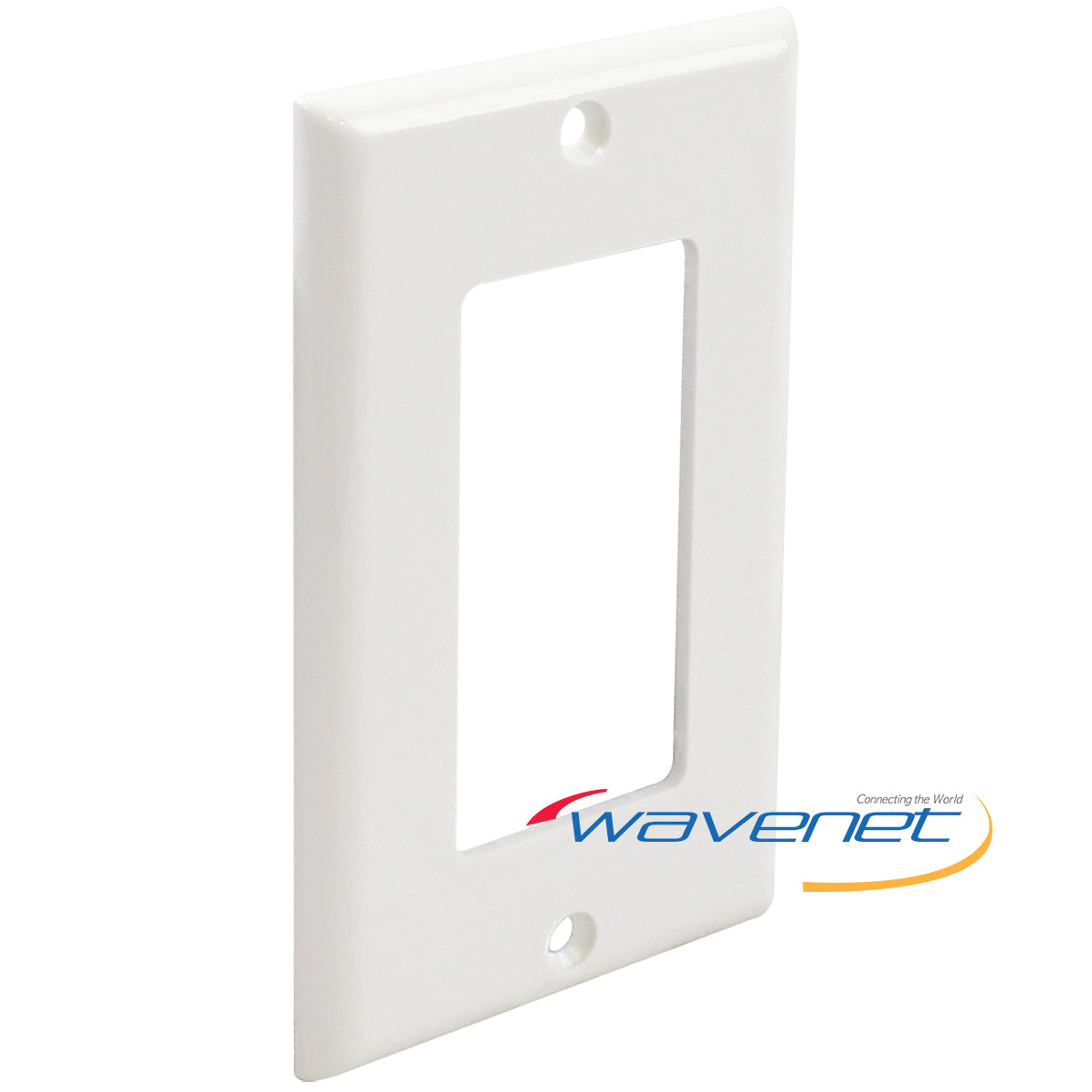 White Wavenet single-gang Decora style faceplate with rounded rectangular cutout and mounting holes