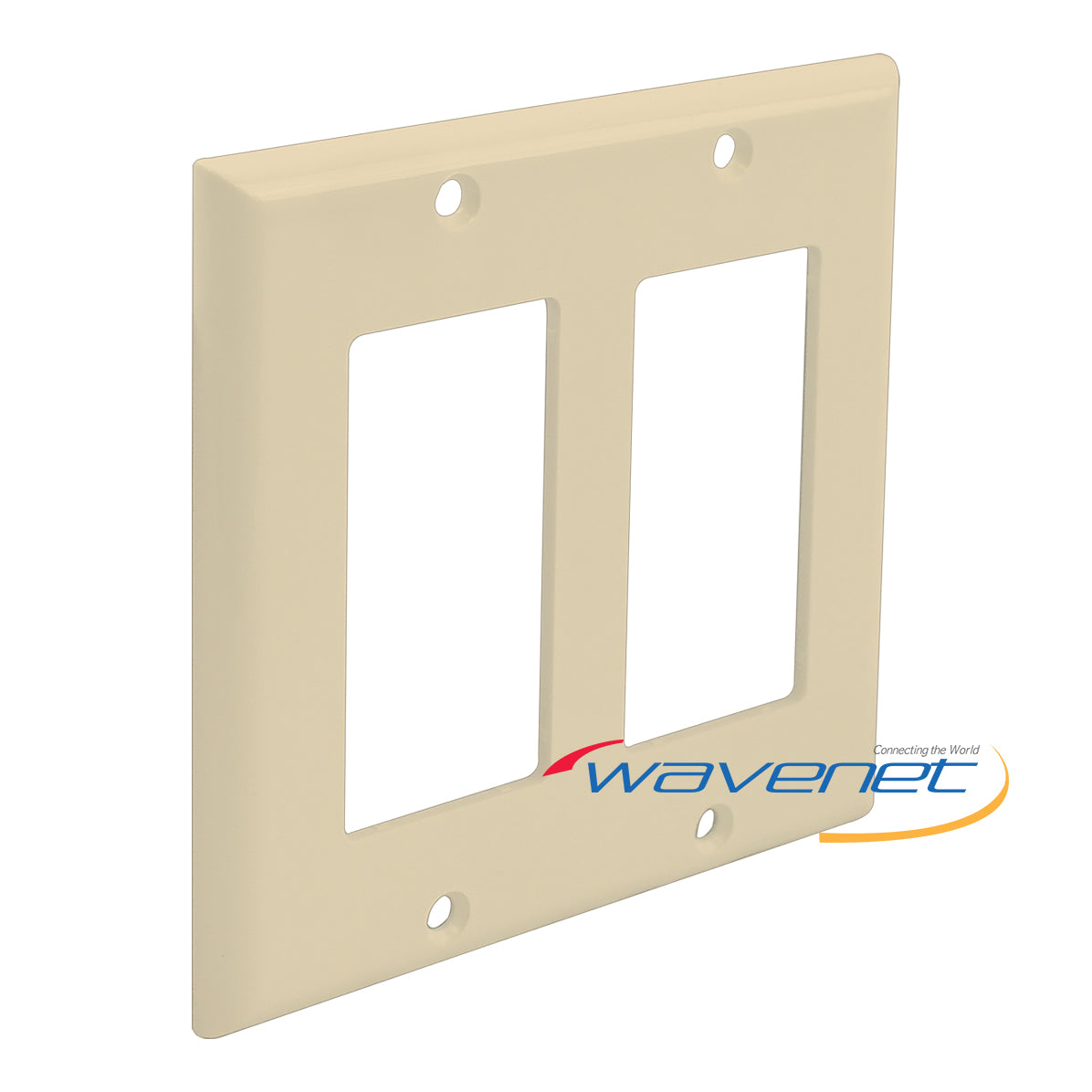 Ivory double-gang Decora style wall plate with two rectangular openings for network outlets and mounting holes