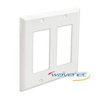 White double-gang Decora style faceplate with two rectangular openings for networking outlets and mounting holes