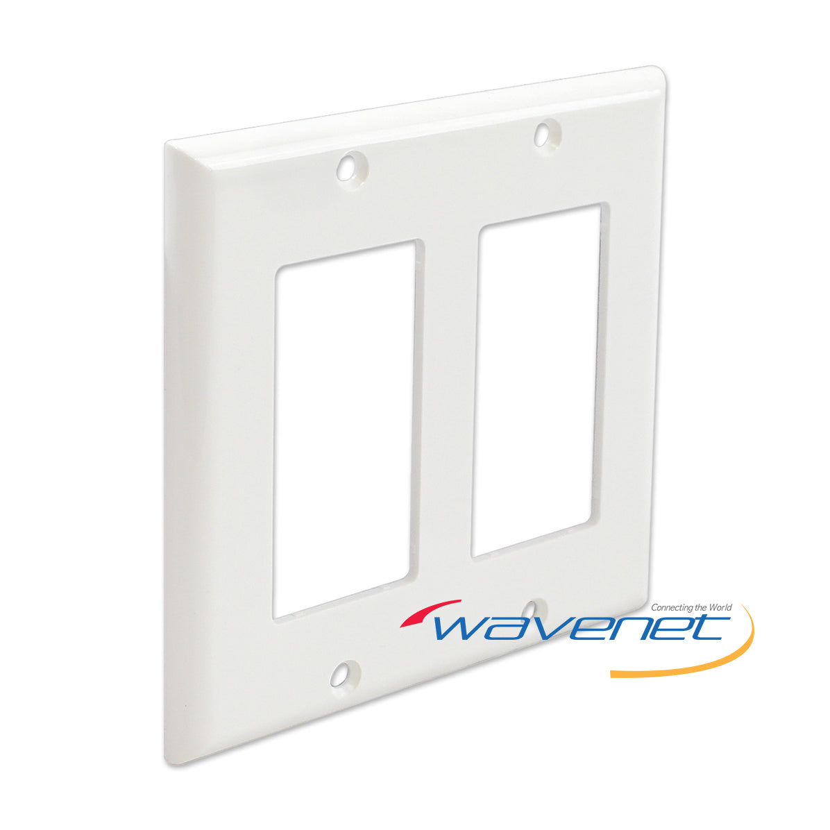 White double-gang Decora style faceplate with two rectangular openings for networking outlets and mounting holes