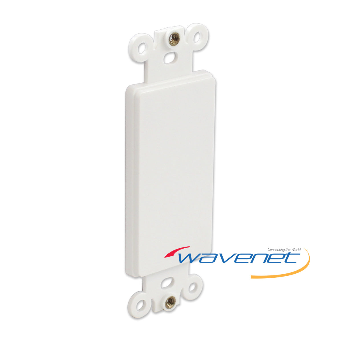 White blank Decora style faceplate with mounting brackets and screw holes for structured cabling installations Main image