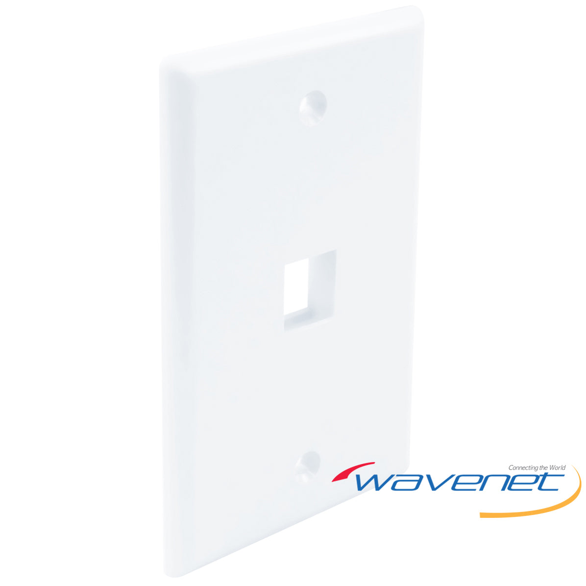 White single gang flush style network faceplate with one port opening and mounting holes for structured cabling installation