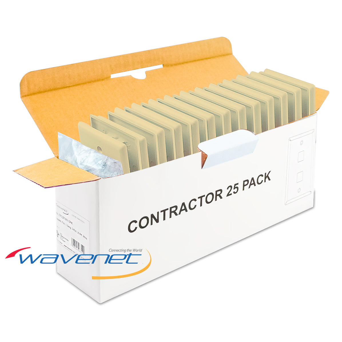 Open box of Wavenet 2 Port Single Gang Flush Style Faceplate 25 Pack in ivory with individual faceplates fanned out