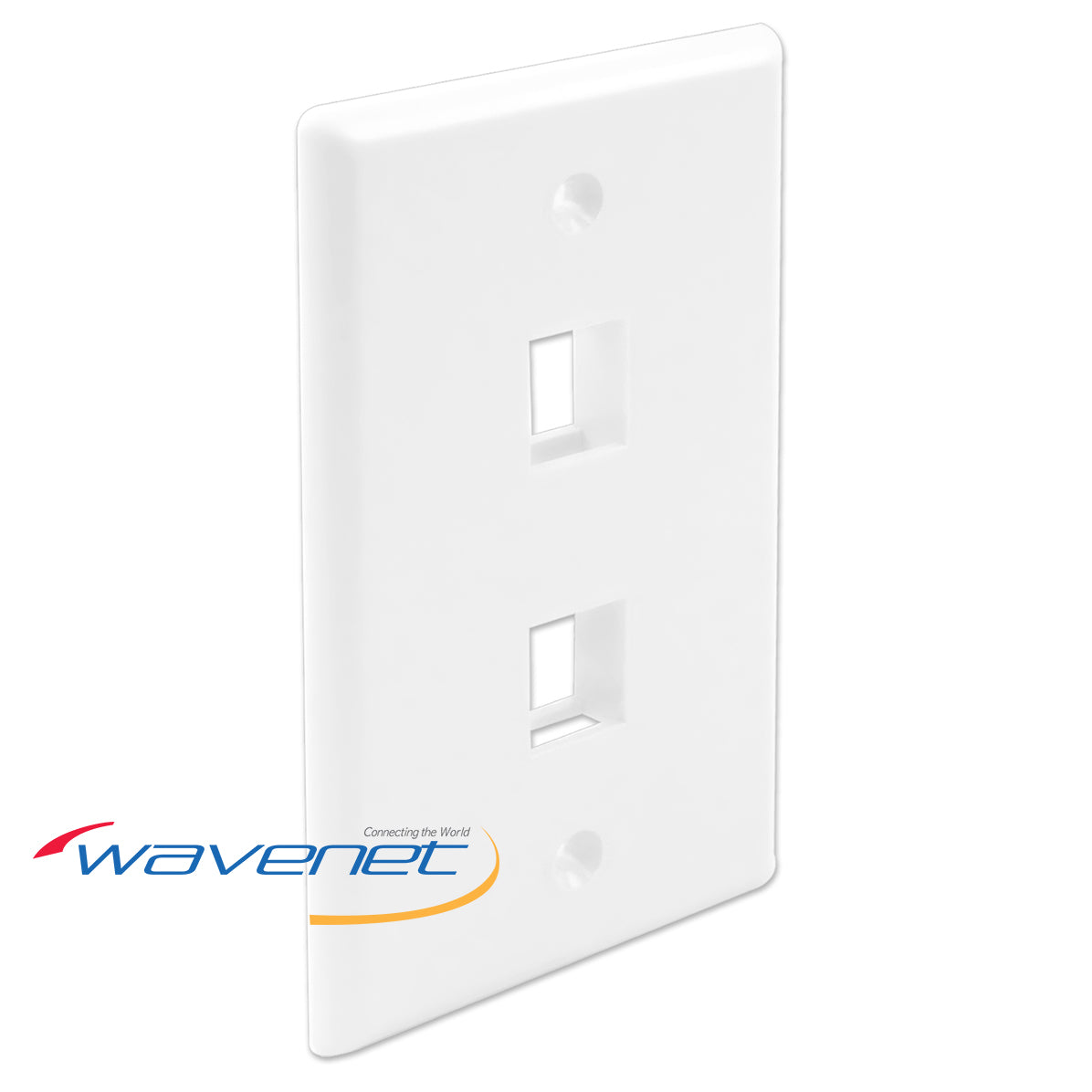 White dual-port flush style faceplate for network cabling with two rectangular openings for keystone jacks Main image