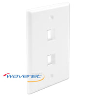 White dual-port flush style faceplate for network cabling with two rectangular openings for keystone jacks