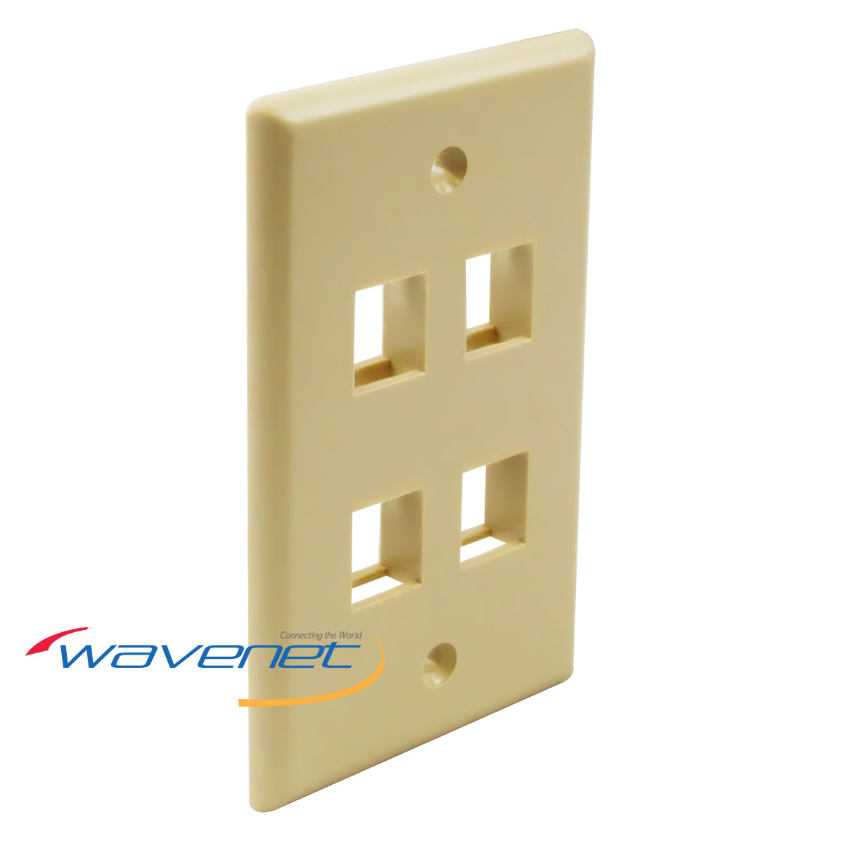 Ivory 4-port single gang flush style network faceplate with mounting holes for structured cabling installations