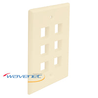 Almond 6-port single gang flush style faceplate for structured cabling installations with white outlet openings