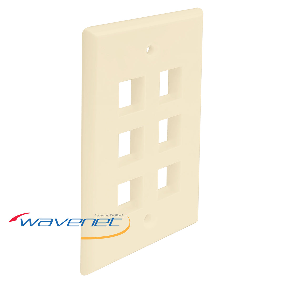 Almond 6-port single gang flush style faceplate for structured cabling installations with white outlet openings